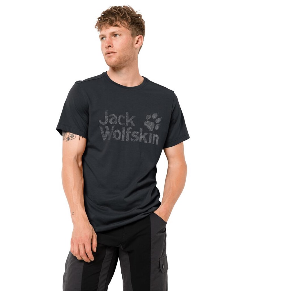 Camiseta Jack Wolfskin Brand Logo Hombre Negros | VS6417205